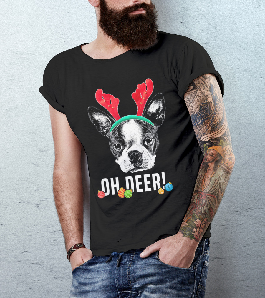 Oh Deer Boston Terrier With Reindeer Antlers And Christmas Ornaments T-Shirt