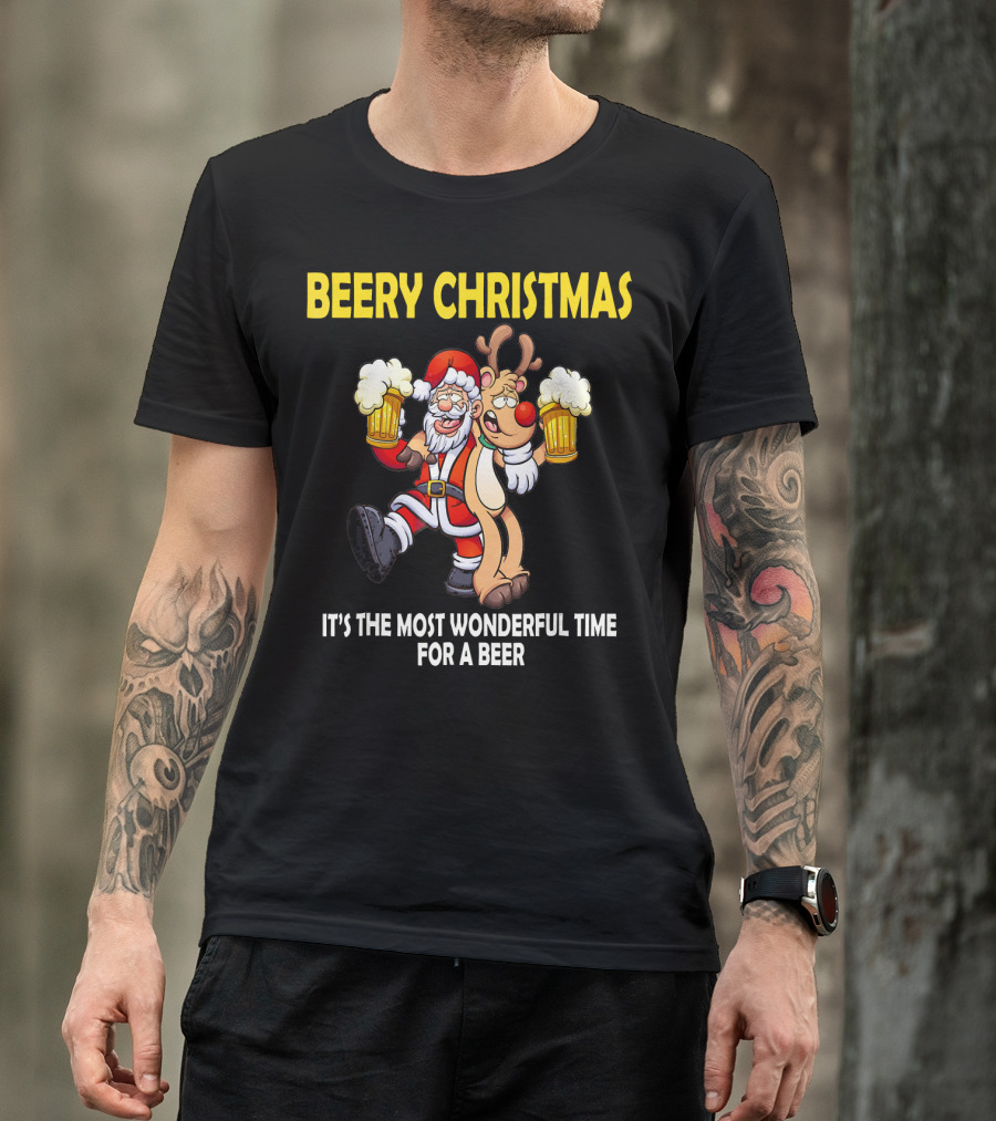 Beery Christmas It's The Most Wonderful Time For A Beer Santa And Reindeer Cheers T-Shirt