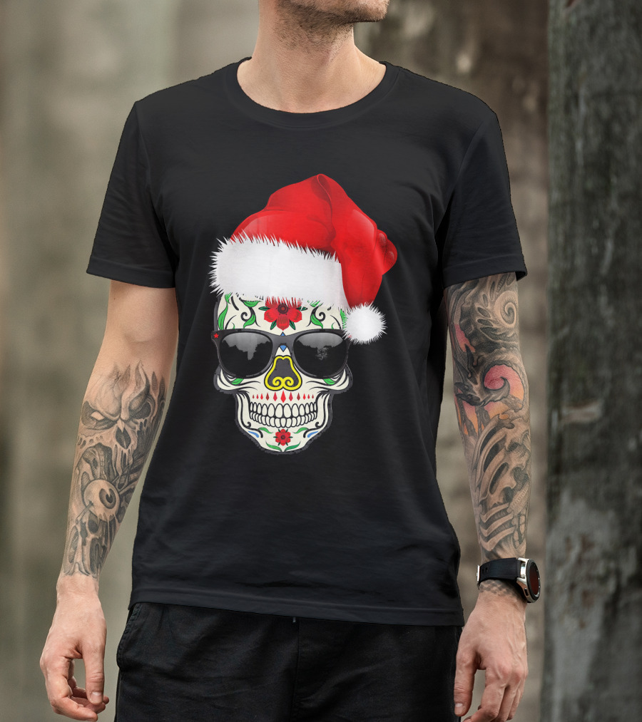 Christmas Santa Hat Day Of The Dead Sugar Skull Suga T-Shirt