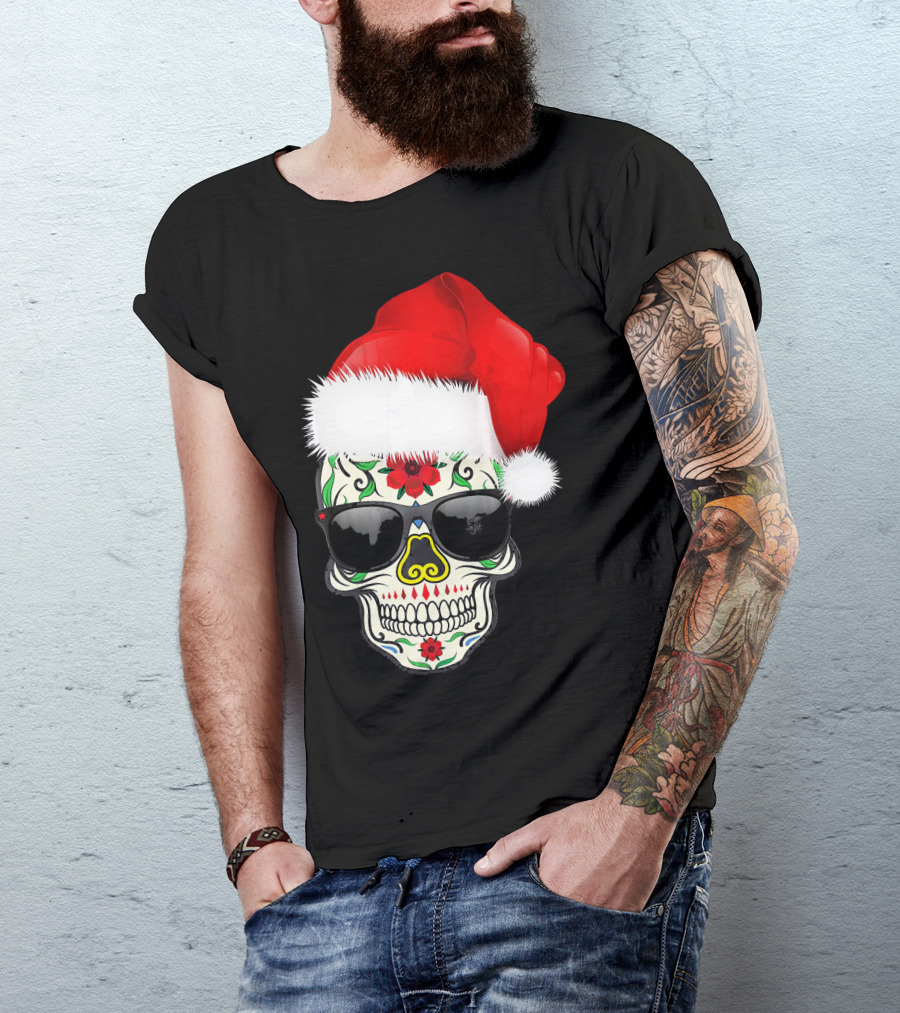 Christmas Santa Hat Day Of The Dead Sugar Skull Suga T-Shirt