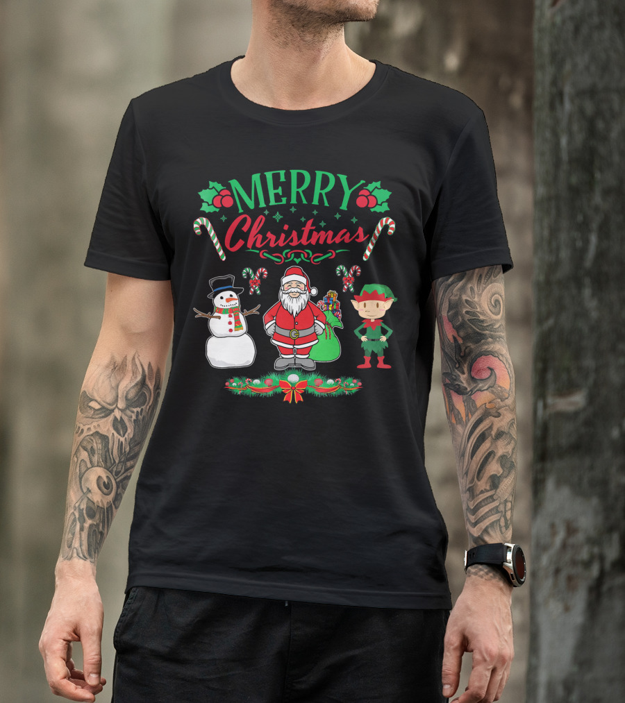 Merry Christmas Santa And Snowman With Elf And Candy Canes T-Shirt
