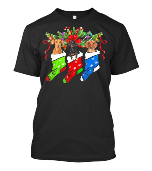 Funny Christmas Three Dachshund In Sock With Red Green Blue Holiday Stockings T-Shirt