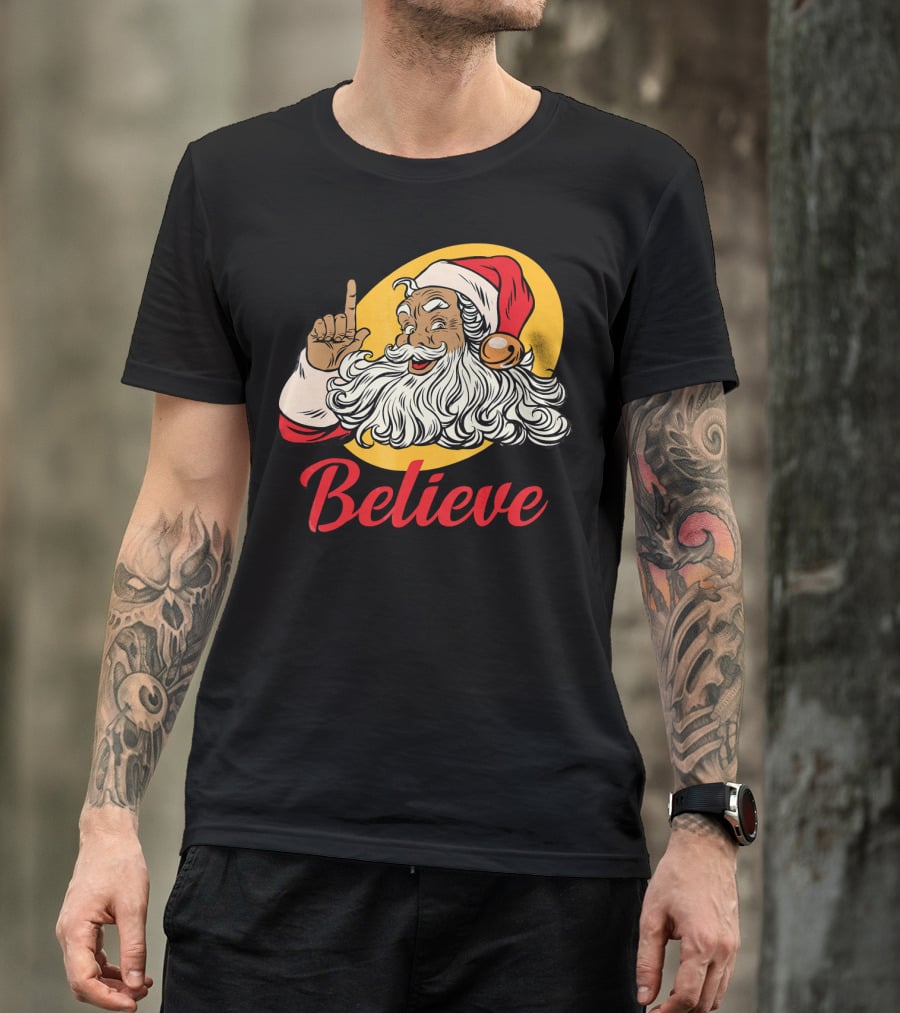 Black Santa Claus With Believe Caption And Yellow Background T-Shirt