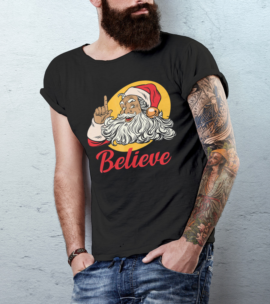 Black Santa Claus With Believe Caption And Yellow Background T-Shirt
