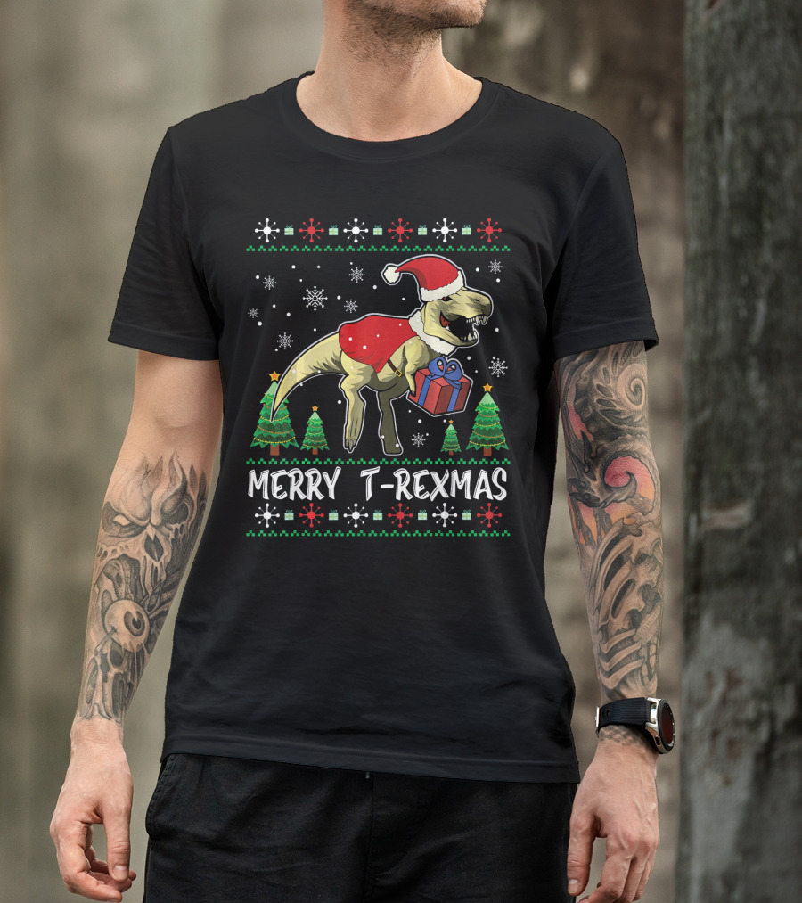 Merry T-Rexmas Dinosaur Santa Claus Holiday Snowflakes Trees T-Shirt