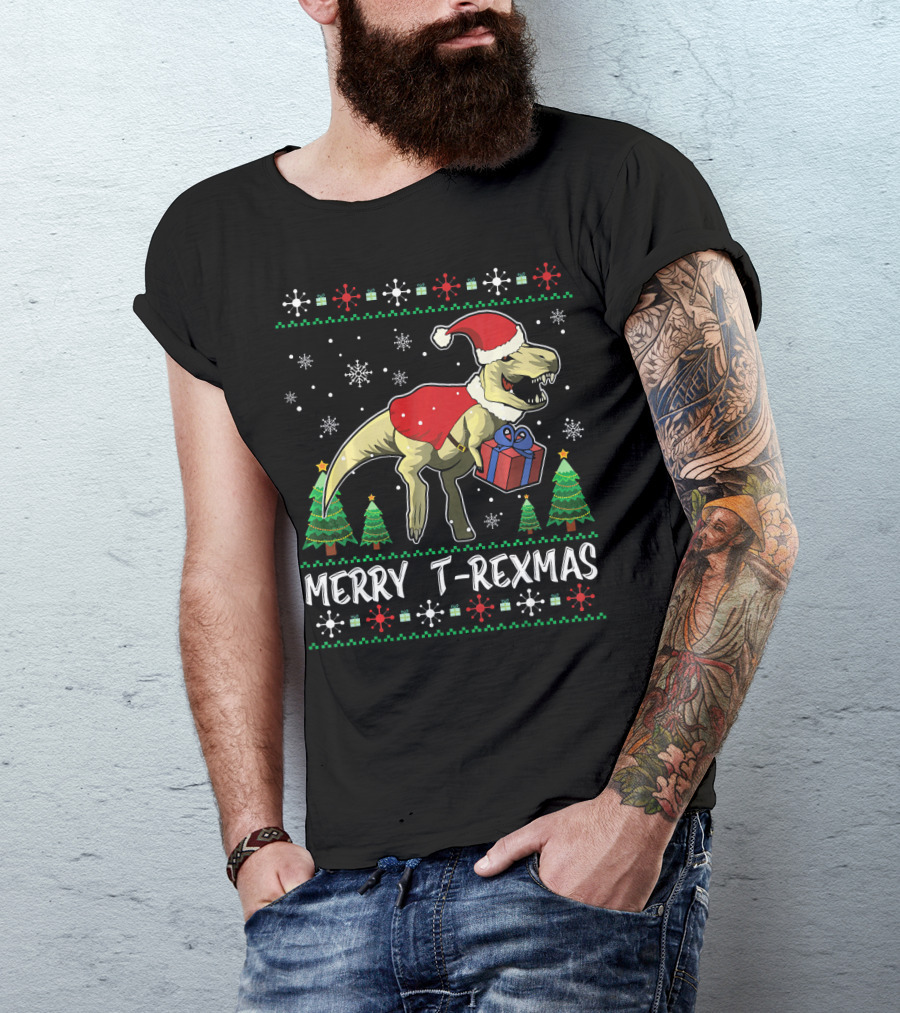 Merry T-Rexmas Dinosaur Santa Claus Holiday Snowflakes Trees T-Shirt