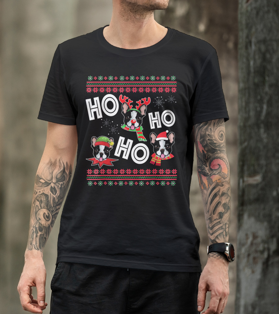 HO HO HO Boston Terrier Funny Do Christmas Reindeer Santa Hat Scarf Snowflakes T-Shirt