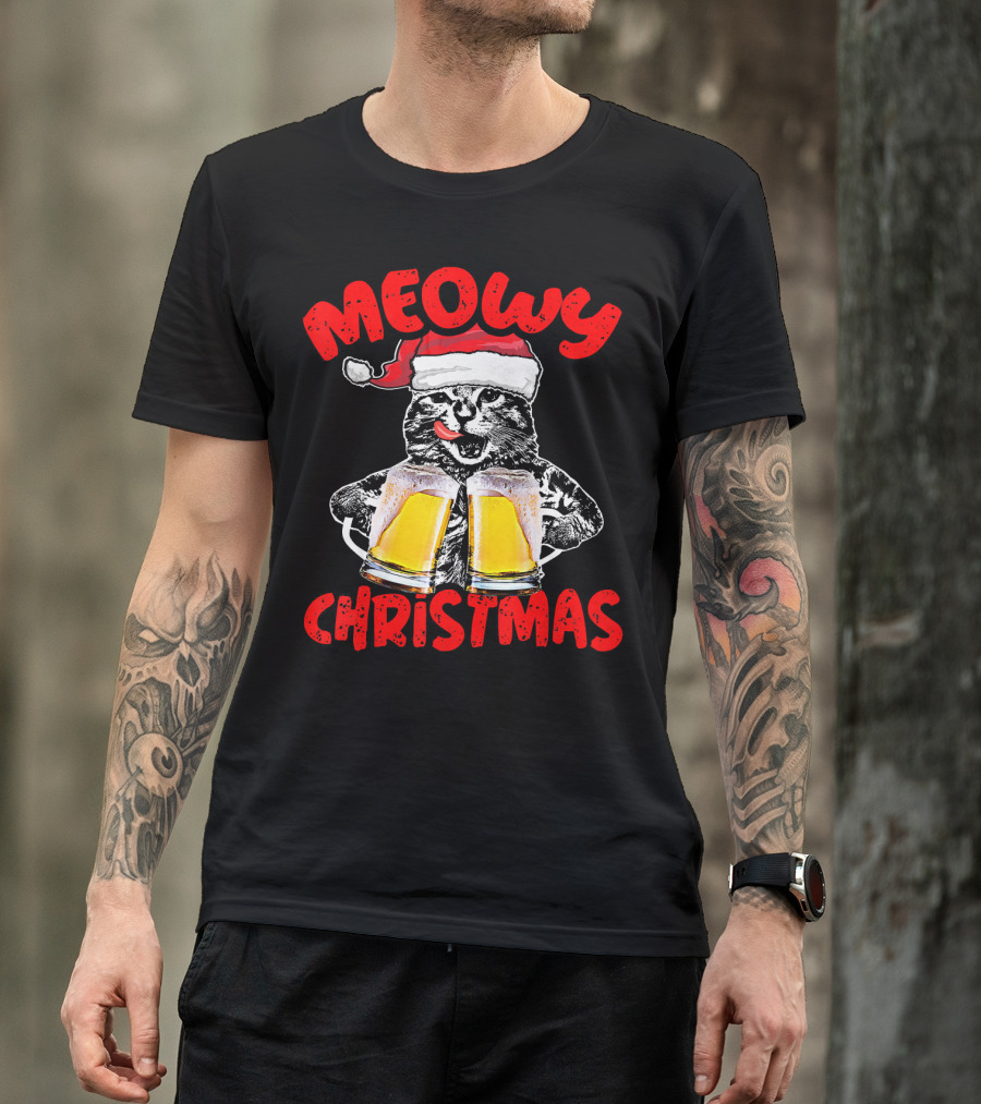 Meowy Christmas Funny Meow Drinking Beer Cat T-Shirt