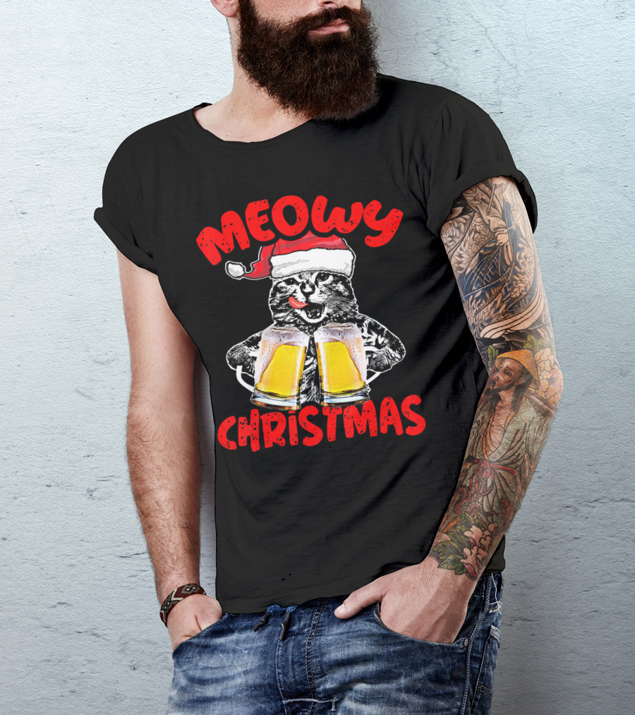 Meowy Christmas Funny Meow Drinking Beer Cat T-Shirt