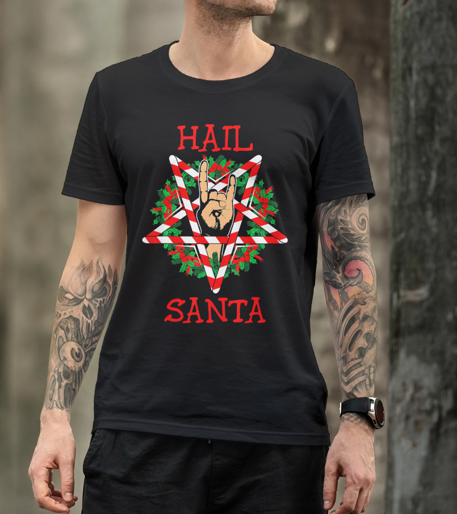 Hail Santa Sleigher Pentagram With Candy Cane And Rock Hand Gesture T-Shirt