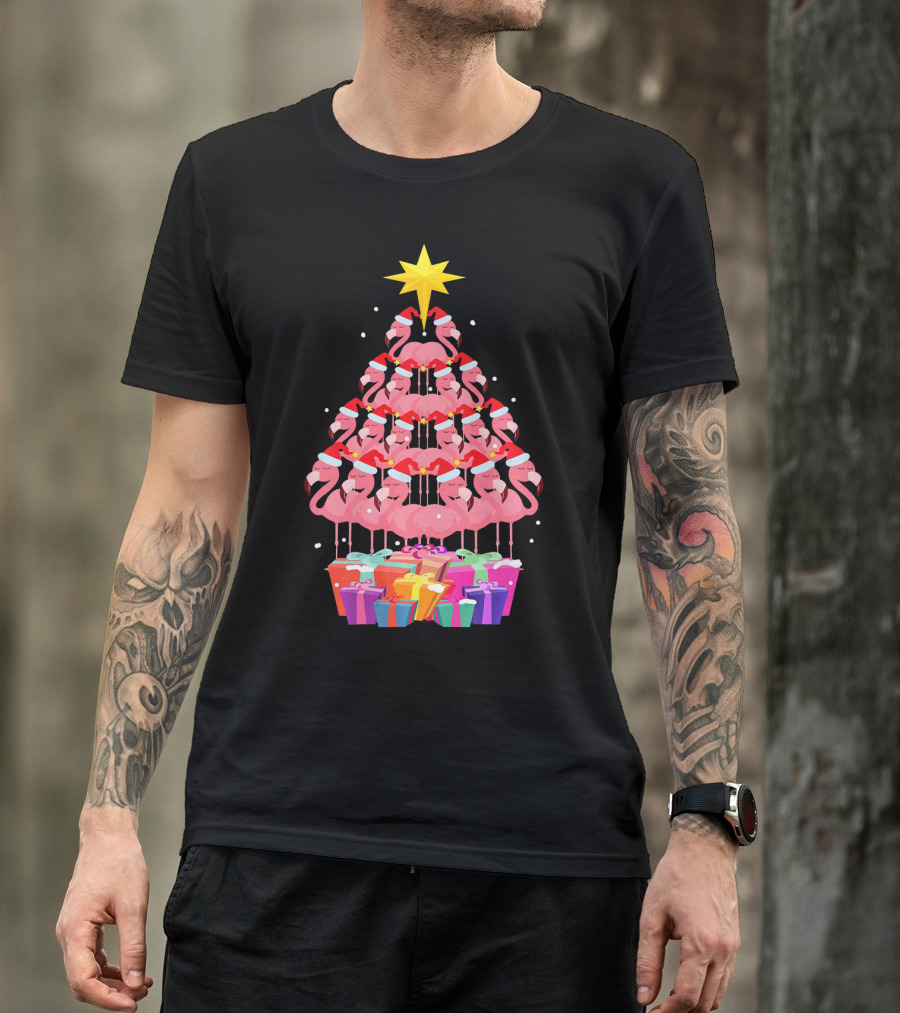 Flamingo Santa Hat Christmas Tree With Gifts And Star T-Shirt