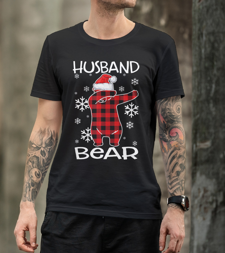 Husband Bear Dabbing Santa Hat Snowflakes T-Shirt