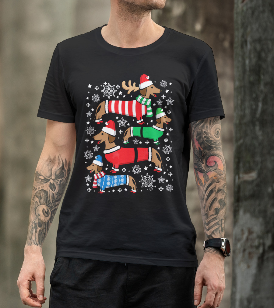 Dachshund Merry Christmas Weiner Ugly Sweater Santa Reindeer Snowflakes T-Shirt