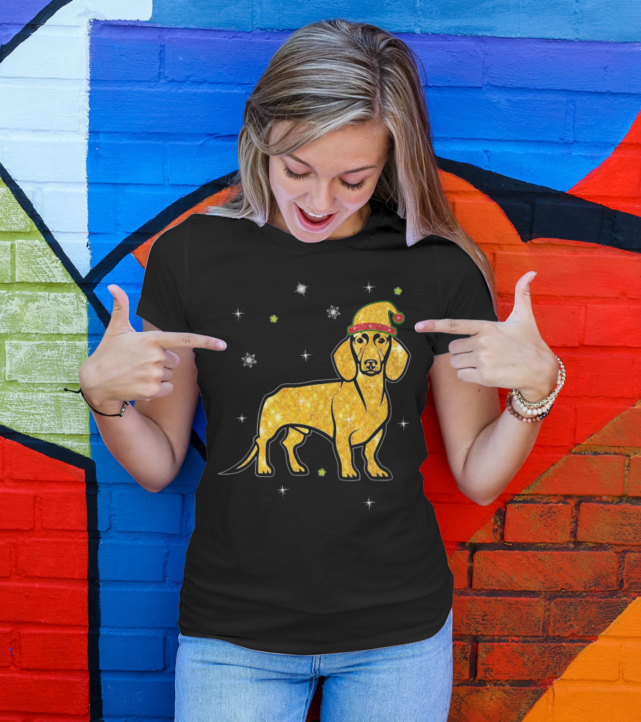 Christmas Lights Glitter Dachshund Dog With Santa Hat And Snowflakes T-Shirt