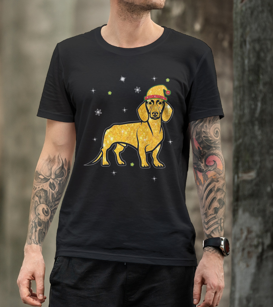 Christmas Lights Glitter Dachshund Dog With Santa Hat And Snowflakes T-Shirt