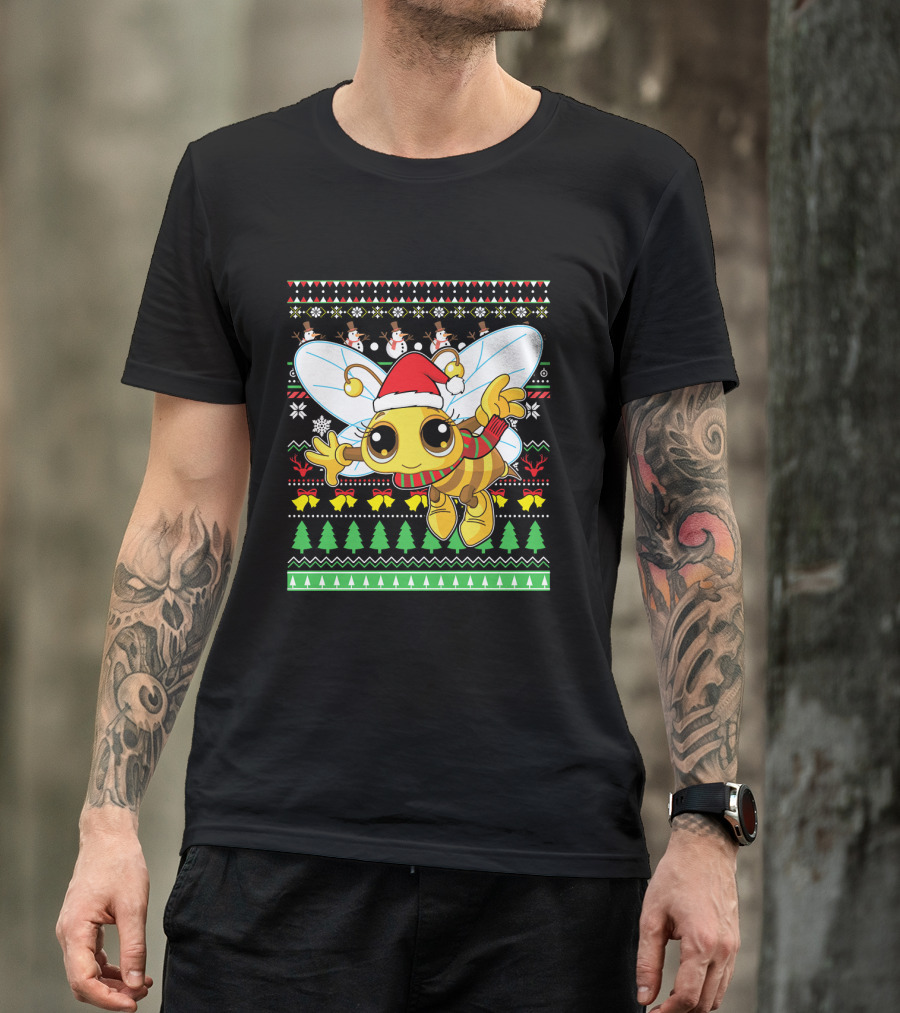 UglyBee Santa Claus Lovely Christmas Sweater Pattern With Cartoon Bee T-Shirt