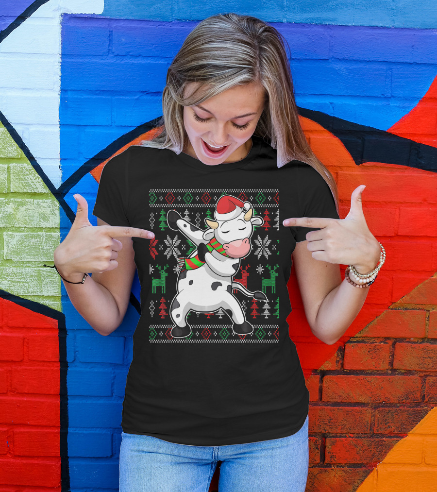 Ugly Christmas Dabbing Santa Cow With Festive Reindeer And Snowflakes T-Shirt