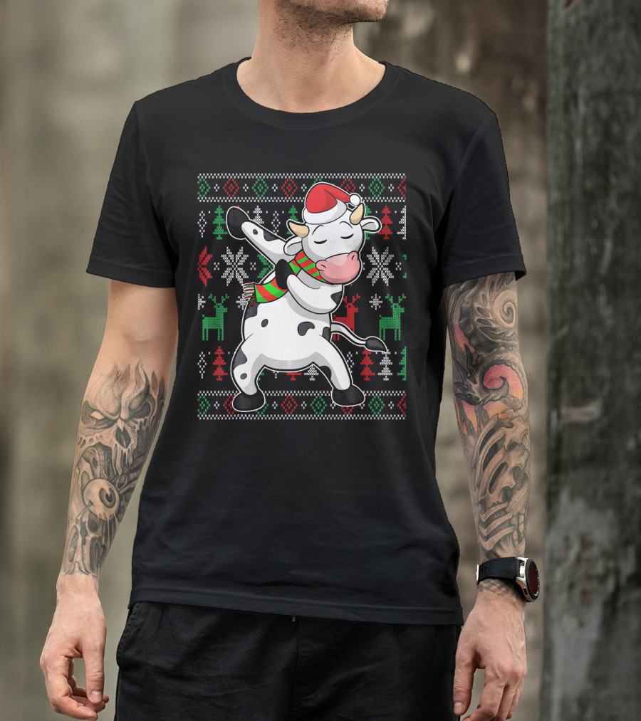 Ugly Christmas Dabbing Santa Cow With Festive Reindeer And Snowflakes T-Shirt