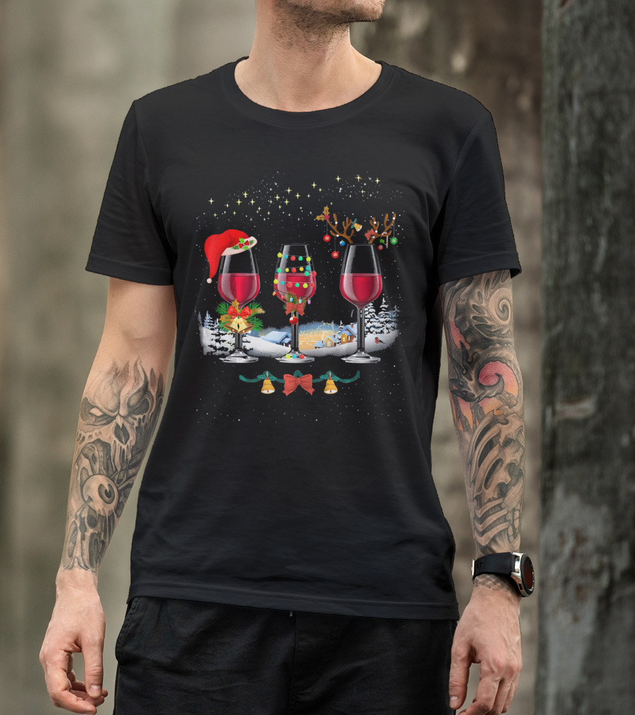 Three Christmas Red Wine Glasses Santa Hat Reindeer Lights Snowy Village T-Shirt