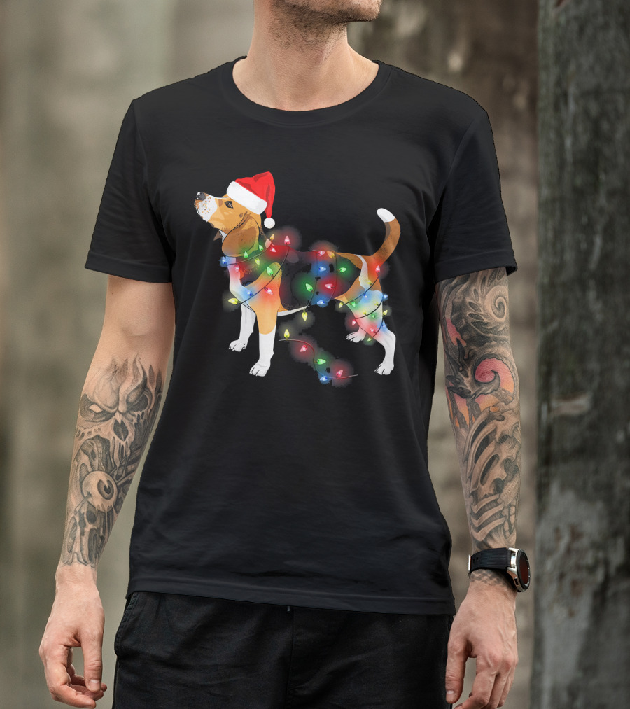 Beagle With Christmas Lights And Santa Hat T-Shirt