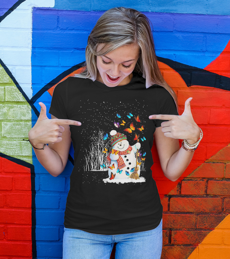 Snowman With Butterflies In A Snowy Forest T-Shirt