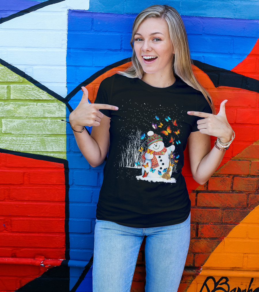 Snowman With Butterflies In A Snowy Forest T-Shirt
