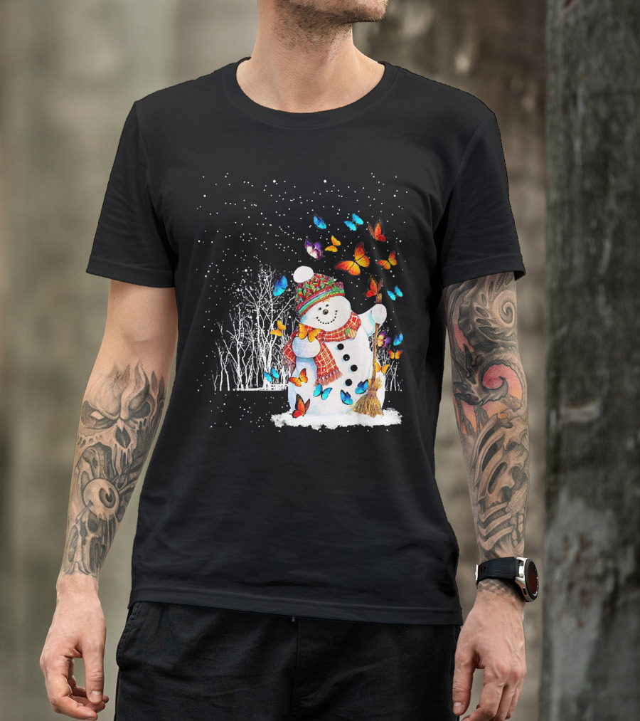 Snowman With Butterflies In A Snowy Forest T-Shirt