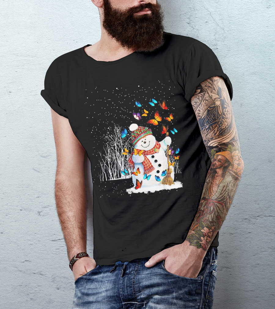 Snowman With Butterflies In A Snowy Forest T-Shirt
