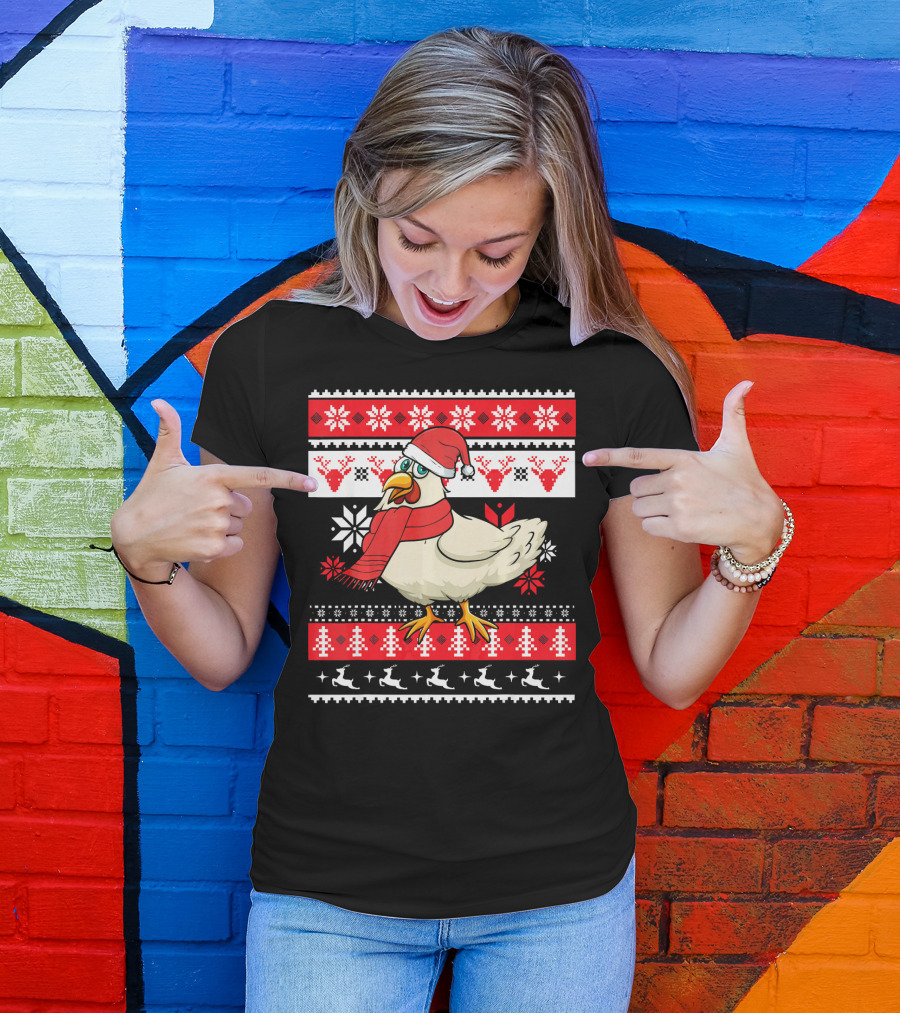 Ugly Christmas Chicken Santa Hat Snowflakes Reindeer Red Scarf T-Shirt