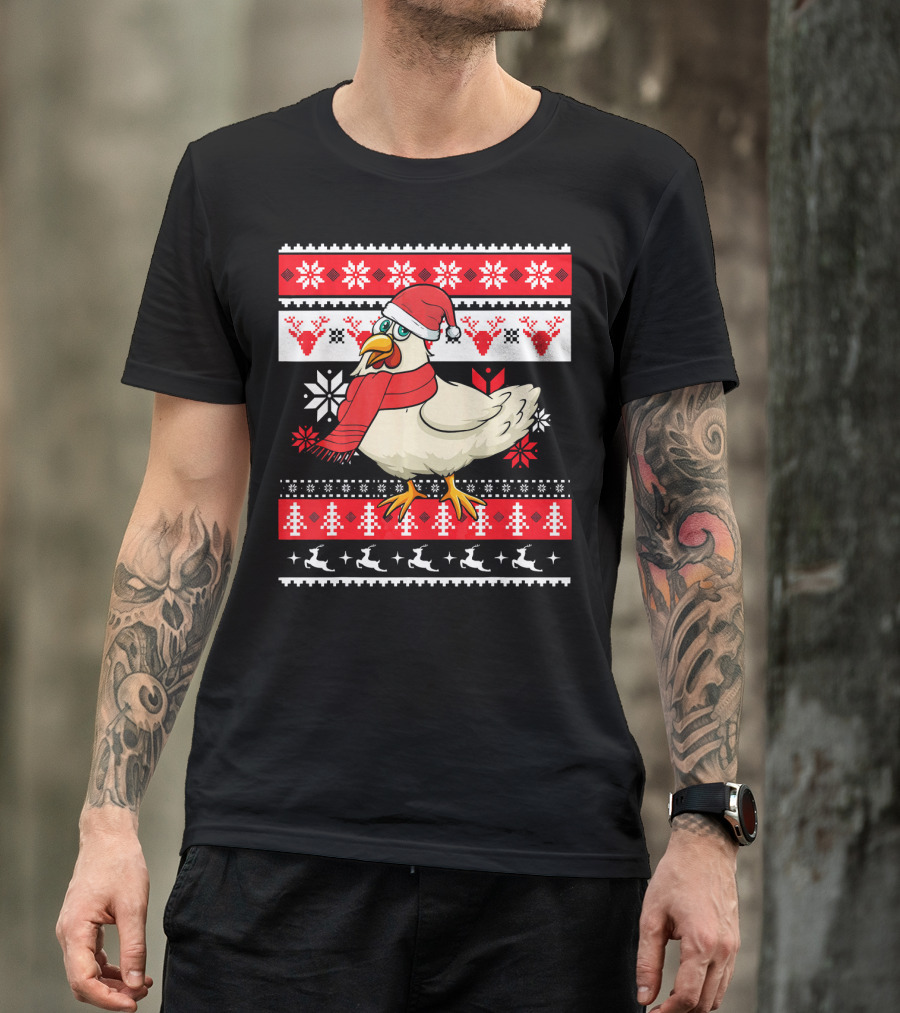 Ugly Christmas Chicken Santa Hat Snowflakes Reindeer Red Scarf T-Shirt