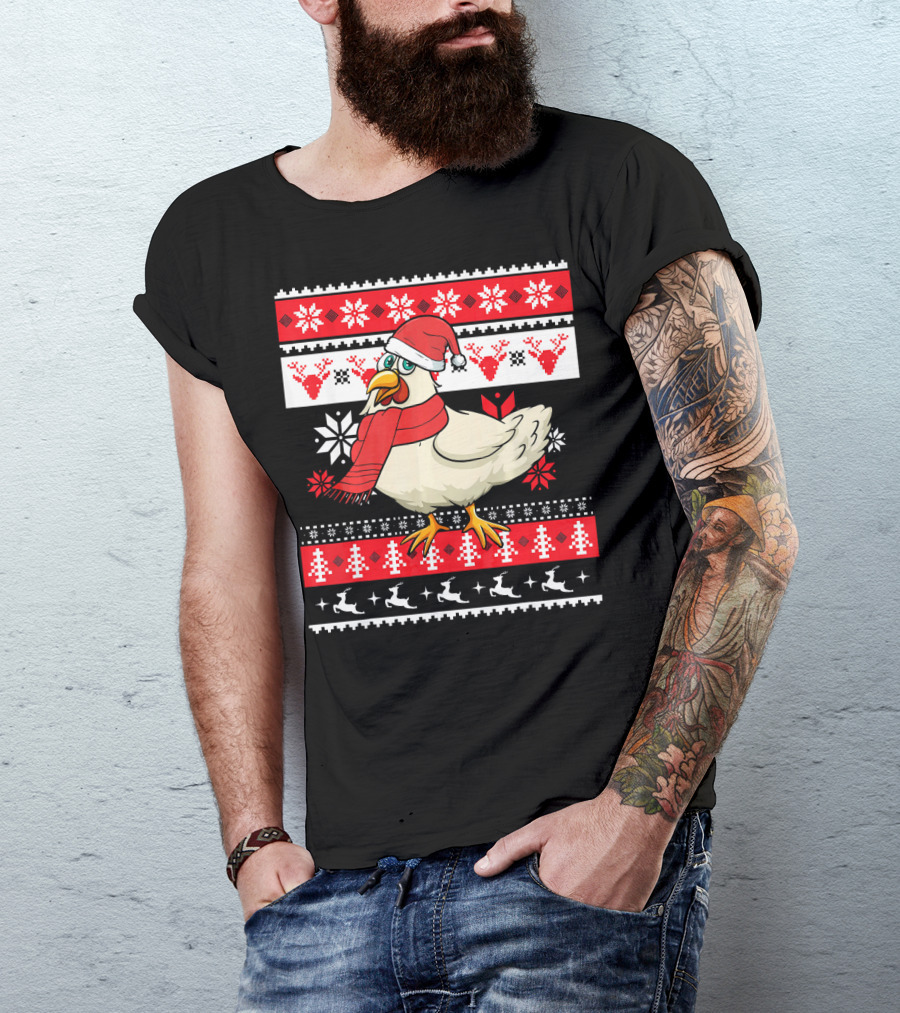 Ugly Christmas Chicken Santa Hat Snowflakes Reindeer Red Scarf T-Shirt