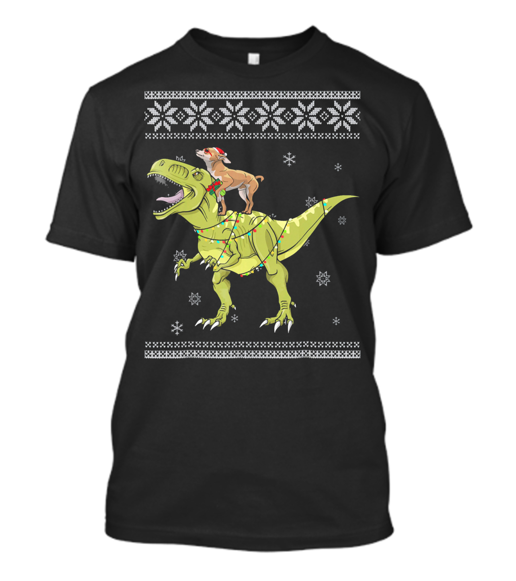 Chihuahua Riding Rex Dinosaur With Christmas Lights And Snowflakes T-Shirt