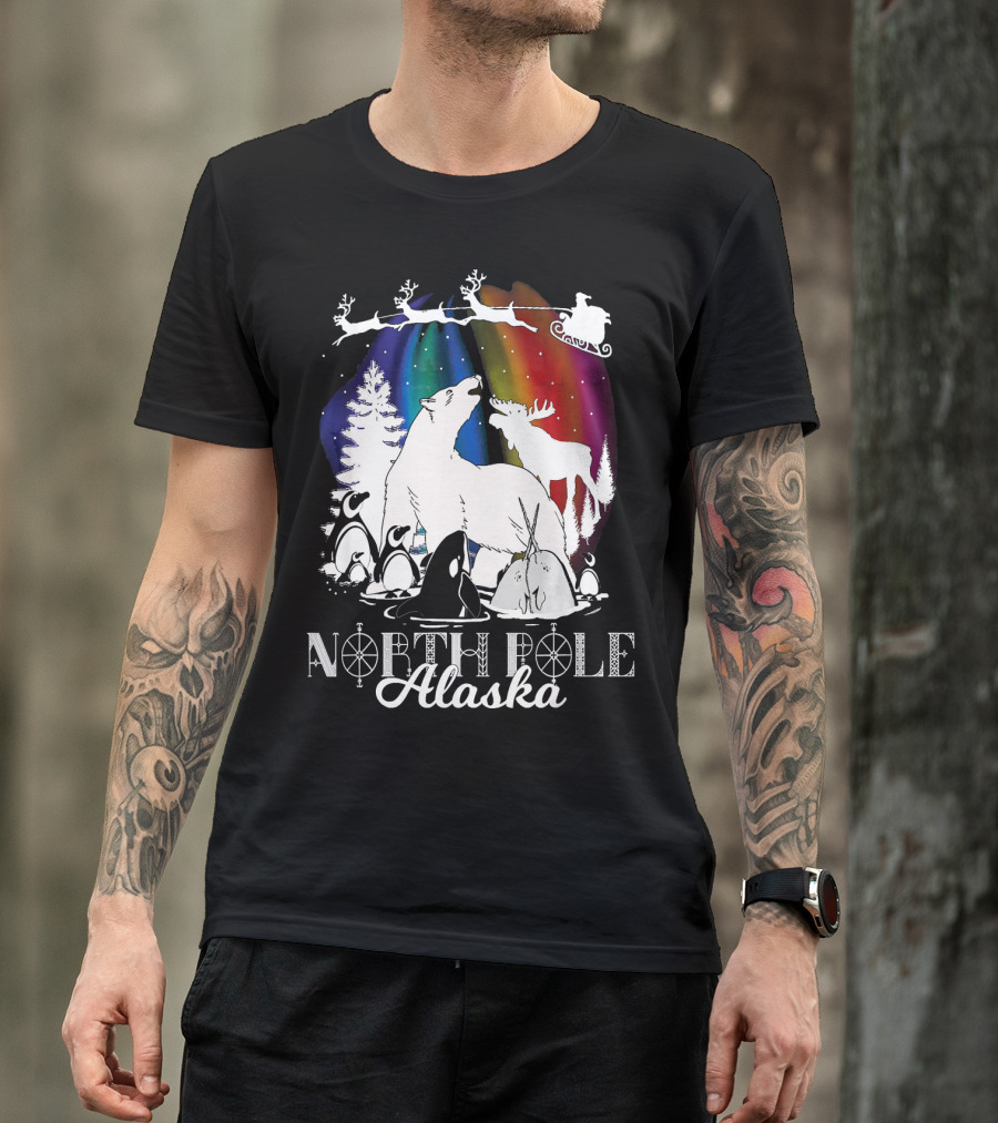 North Pole Alaska Aurora Borealis Polar Bears Reindeer Penguins Santa Sleigh T-Shirt