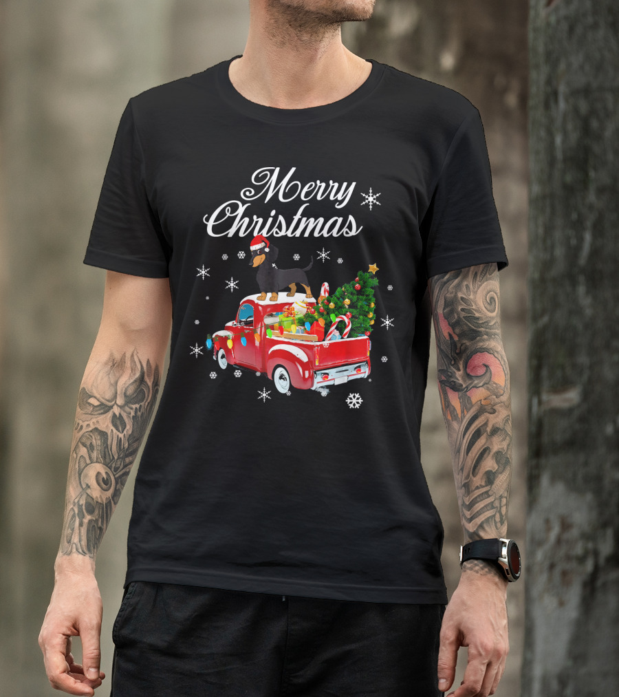 Merry Christmas Dachshund On Red Truck With Gifts And Tree T-Shirt