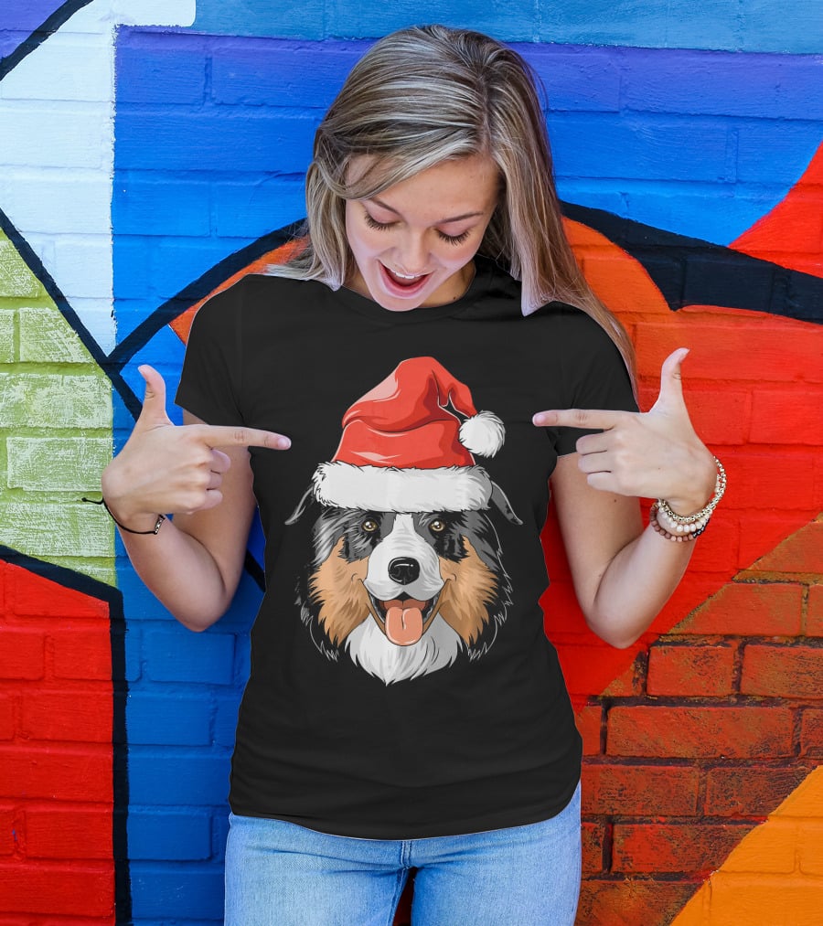 Australian Shepherd Dog Wearing Festive Santa Hat T-Shirt