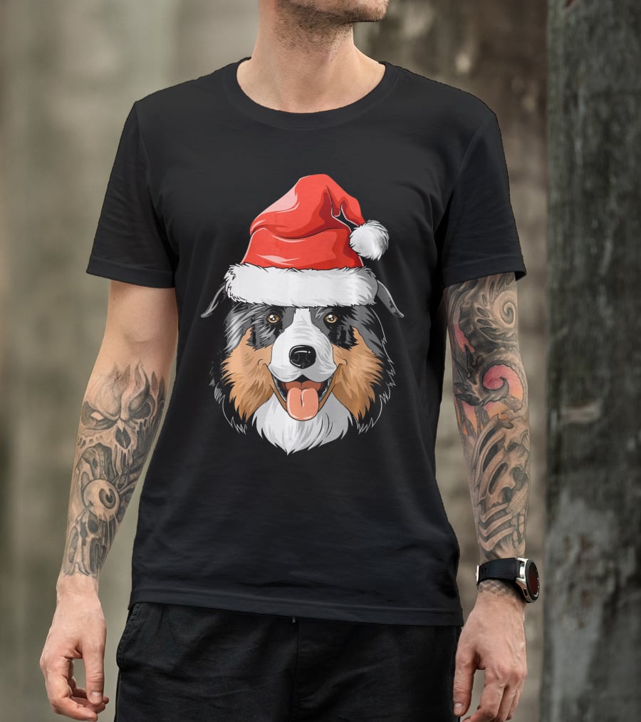 Australian Shepherd Dog Wearing Festive Santa Hat T-Shirt