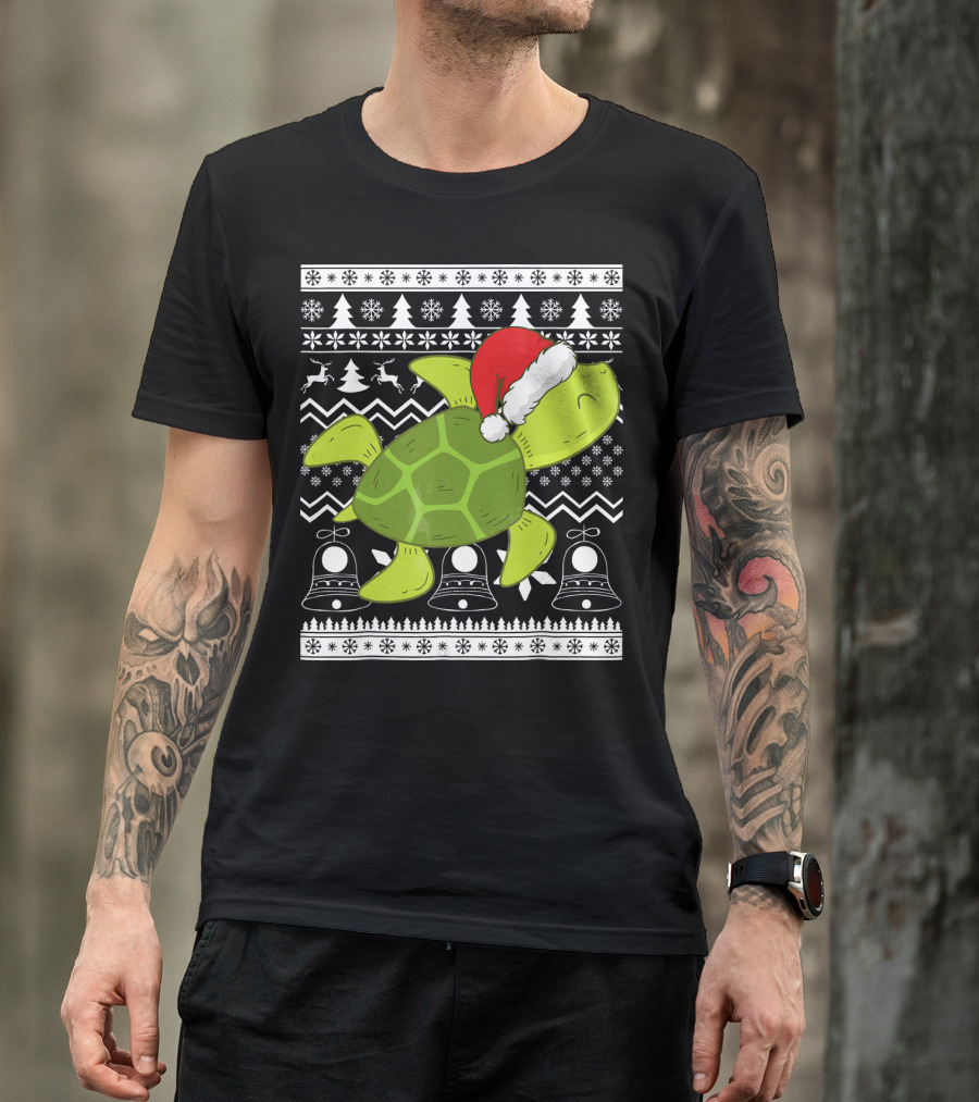 Sea Turtle Santa Holiday Sweater Design With Christmas Bells, Reindeer, Trees, And Snowflakes T-Shirt