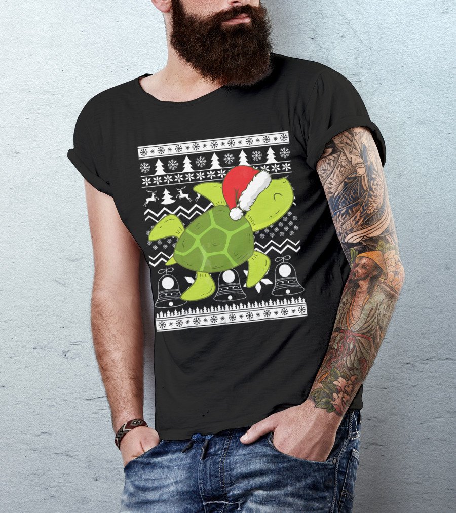 Sea Turtle Santa Holiday Sweater Design With Christmas Bells, Reindeer, Trees, And Snowflakes T-Shirt