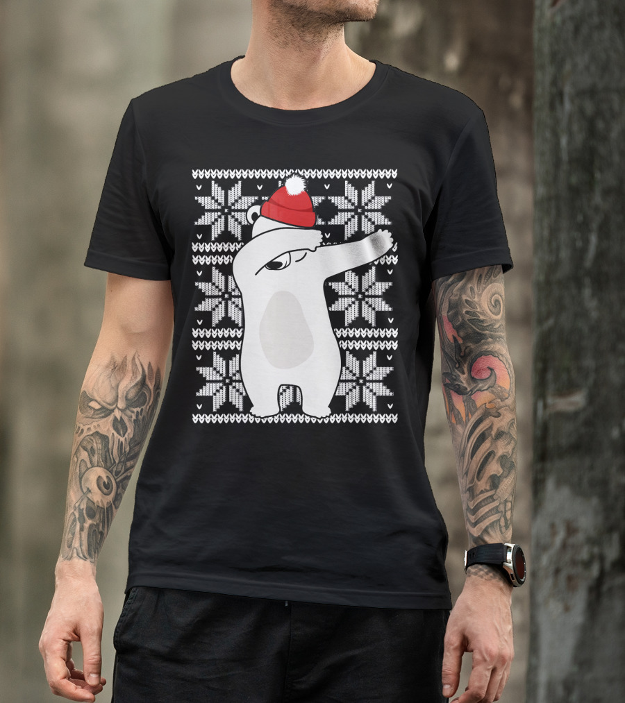 UGLY CHRISTMAS Dabbing Polar Bear In Santa Hat With Snowflake T-Shirt