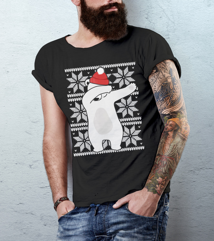 UGLY CHRISTMAS Dabbing Polar Bear In Santa Hat With Snowflake T-Shirt