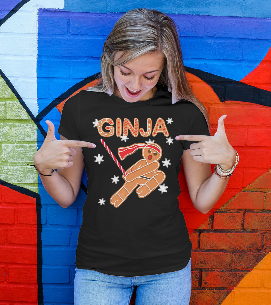 Gingerbread Ginja Funny Christmas Ninja Candy Cane Snowflakes T-Shirt