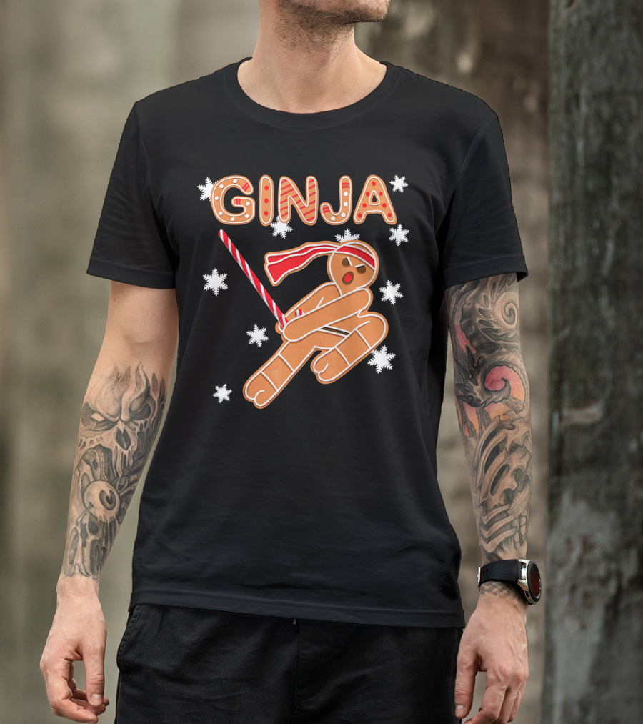 Gingerbread Ginja Funny Christmas Ninja Candy Cane Snowflakes T-Shirt