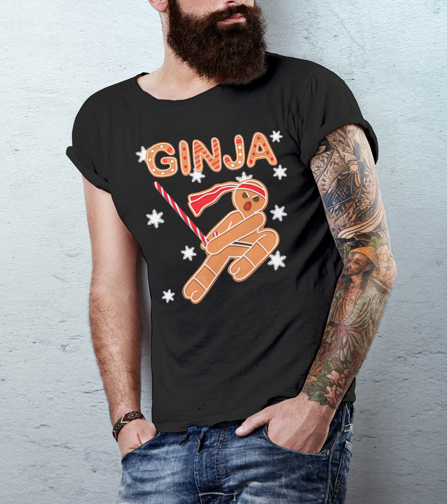 Gingerbread Ginja Funny Christmas Ninja Candy Cane Snowflakes T-Shirt