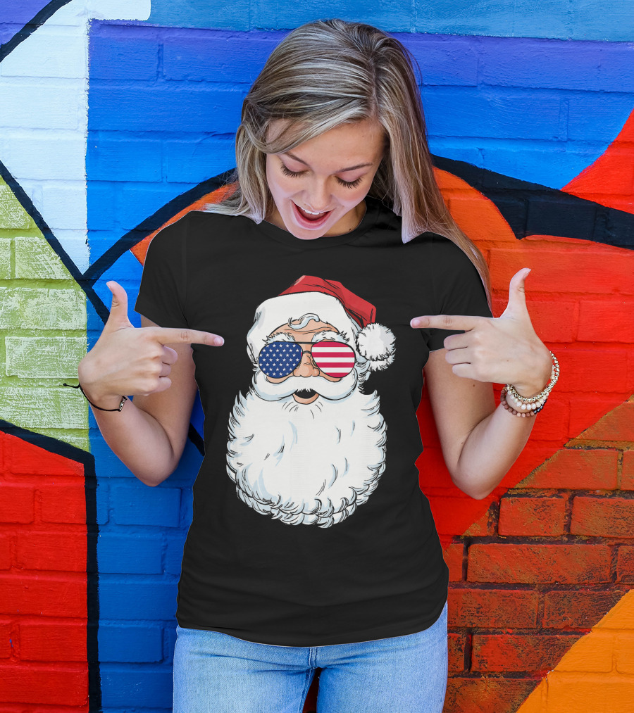 Santa Claus Patriotic USA Sunglasses Christmas T-Shirt