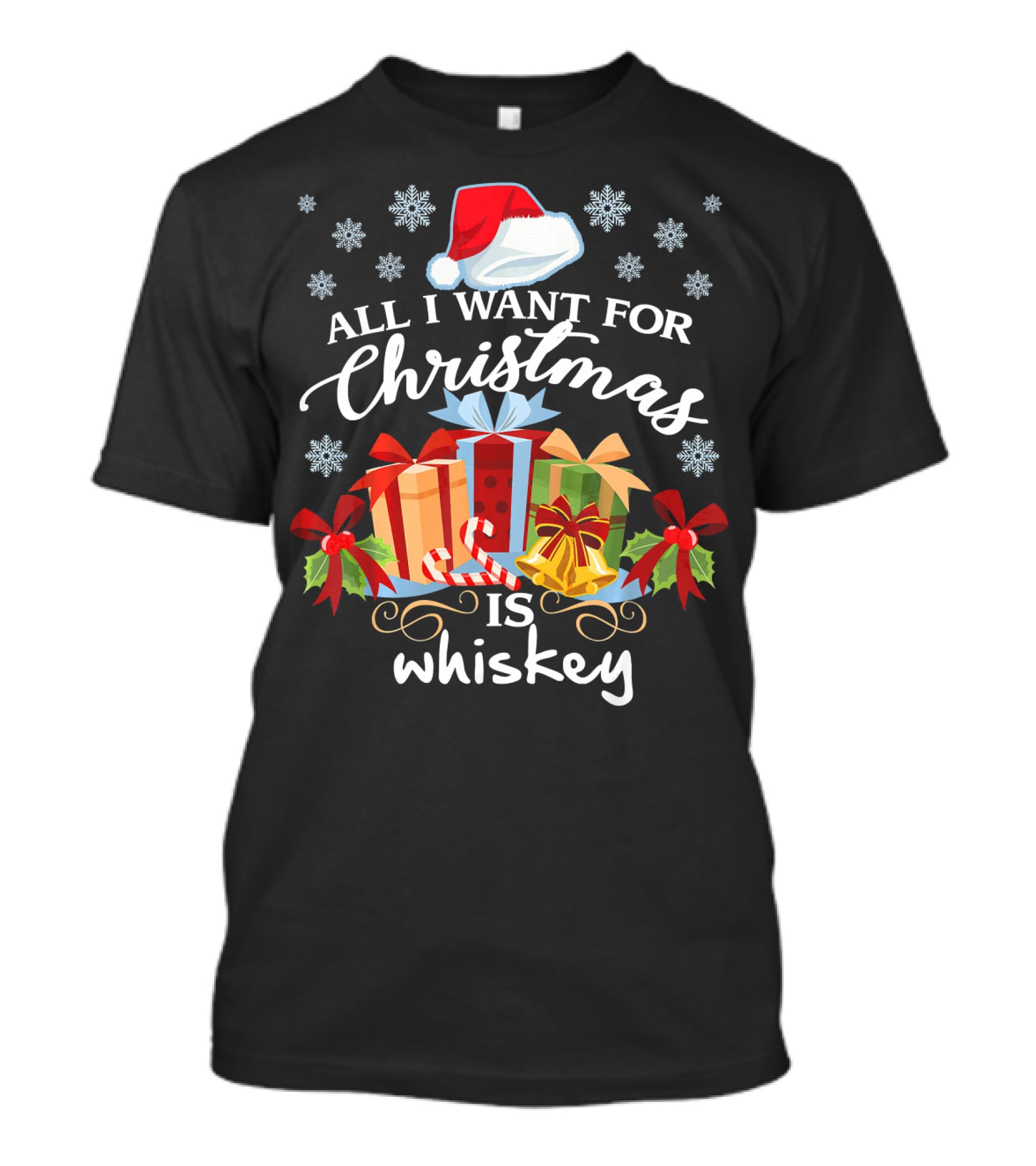 All I Want For Christmas Is Whiskey Present Festive Snowflakes T-Shirt