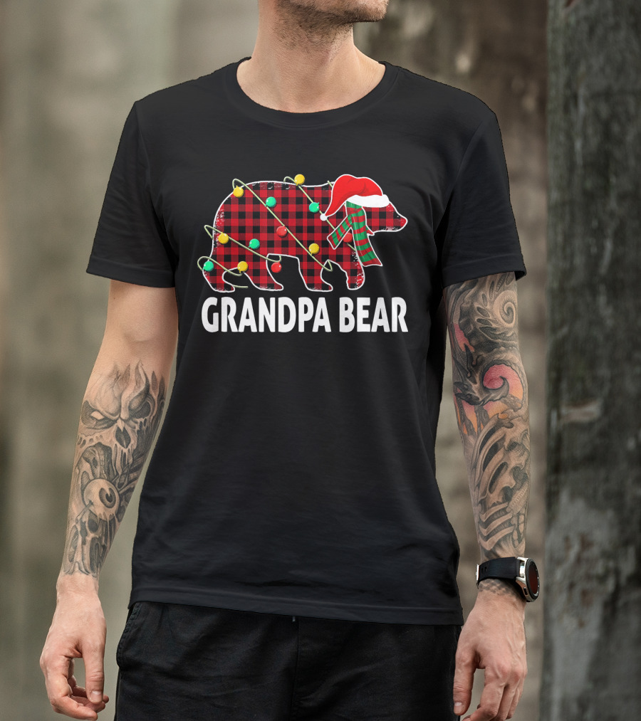Grandpa Bear Plaid Christmas Hat Family Holiday Lights T-Shirt