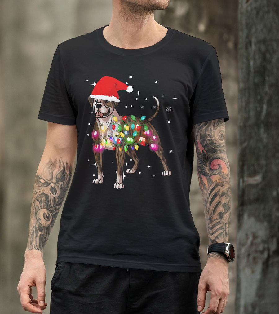 Christmas Lights American Bulldog Santa Hat Snowflakes T-Shirt