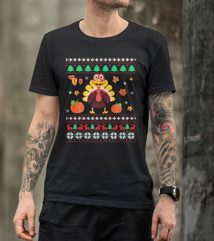 Thanksgiving Turkey Ugly Christmas Sweater Design With Pumpkins And Autumn Leaves T-Shirt