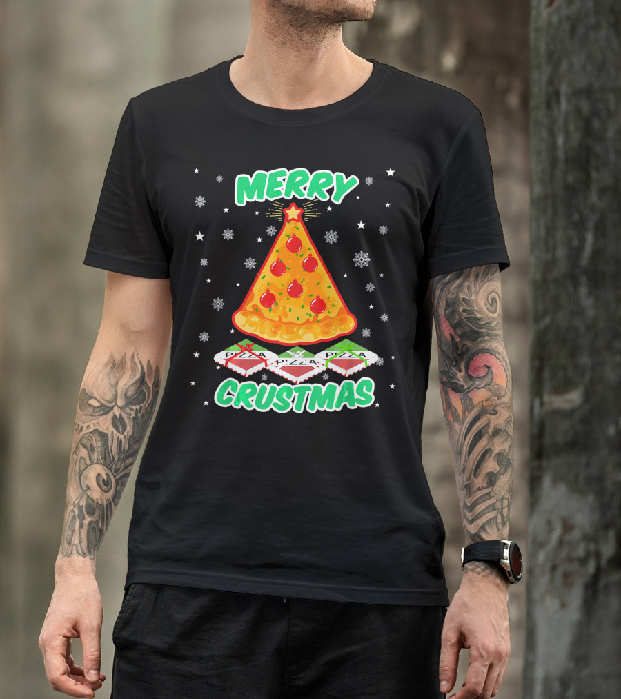 MERRY CRUSTMAS Funny Pizza Christmas Tree With Snowflakes And Pizza Boxes T-Shirt