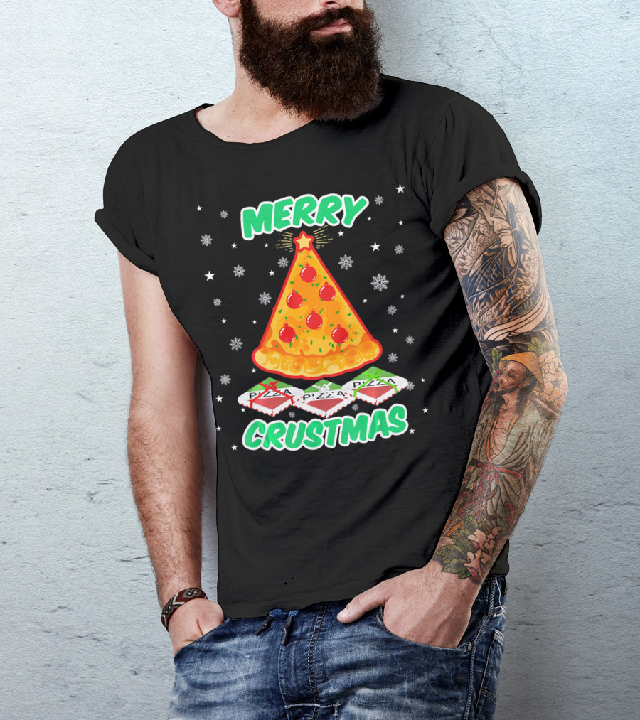 MERRY CRUSTMAS Funny Pizza Christmas Tree With Snowflakes And Pizza Boxes T-Shirt